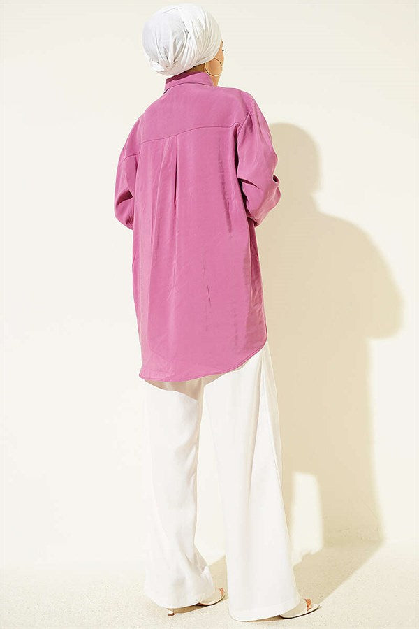Double Pocket Embellished Tencel Shirt in Magenta