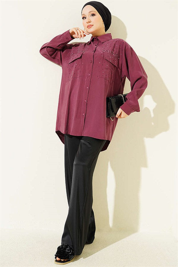 Double Pocket Embellished Tencel Shirt in Plum