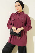 Double Pocket Embellished Tencel Shirt in Plum