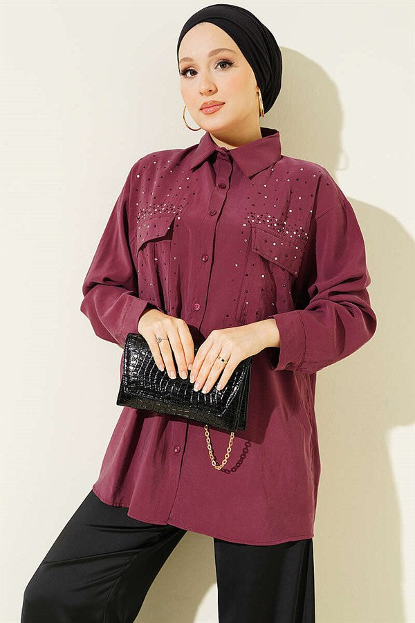 Double Pocket Embellished Tencel Shirt in Plum