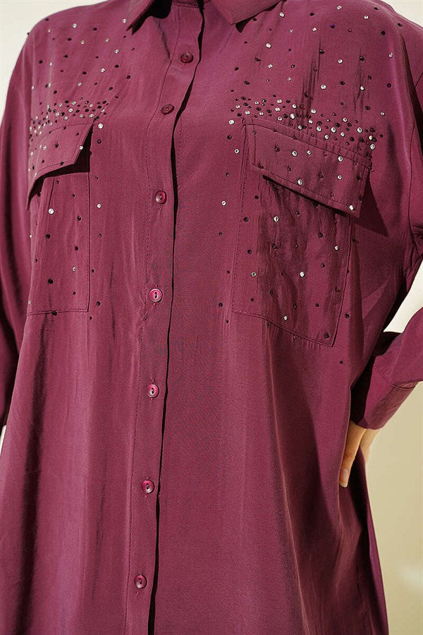 Double Pocket Embellished Tencel Shirt in Plum