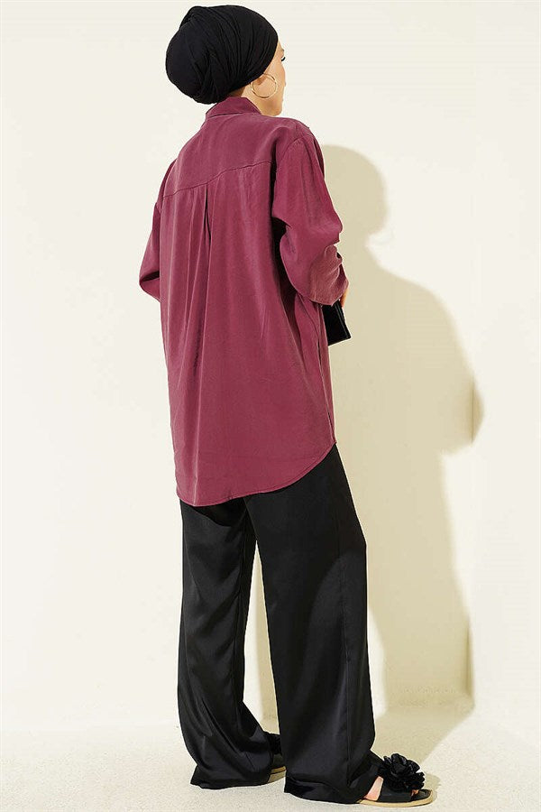 Double Pocket Embellished Tencel Shirt in Plum