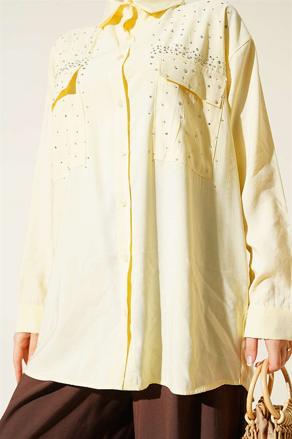Double Pocket Embellished Tencel Shirt, Yellow