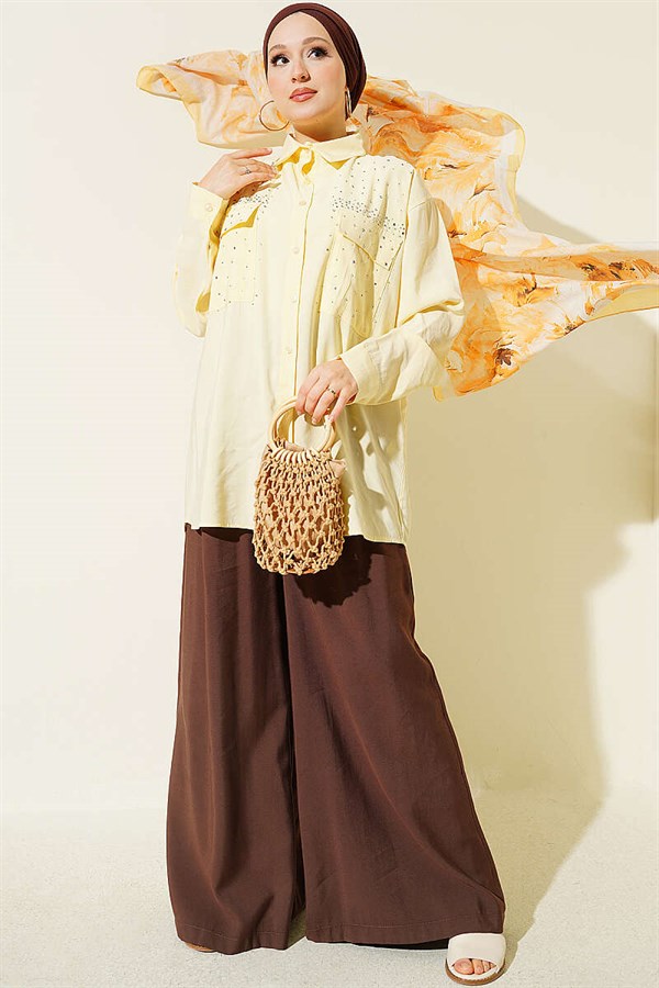 Double Pocket Embellished Tencel Shirt, Yellow