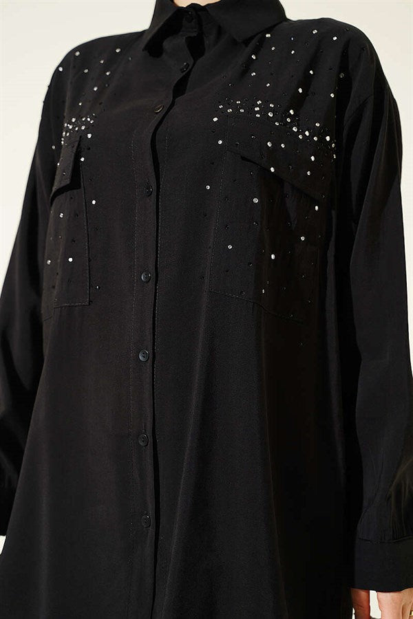 Double Pocket Embellished Tencel Shirt, Black