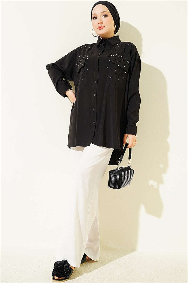 Double Pocket Embellished Tencel Shirt, Black