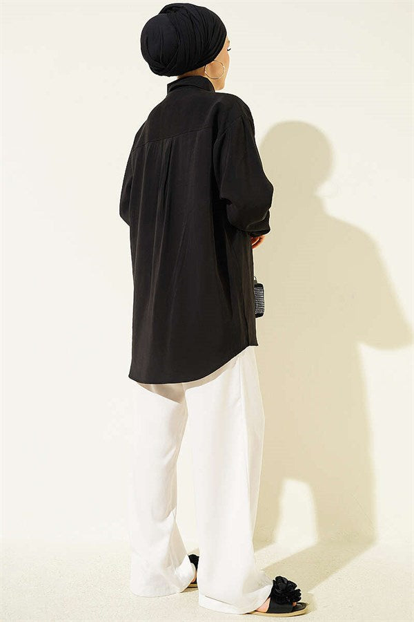 Double Pocket Embellished Tencel Shirt, Black