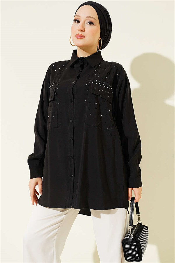 Double Pocket Embellished Tencel Shirt, Black