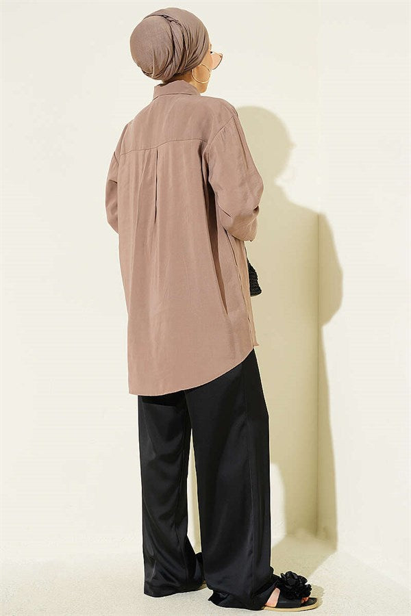 Double Pocket Embellished Tencel Shirt in Mink