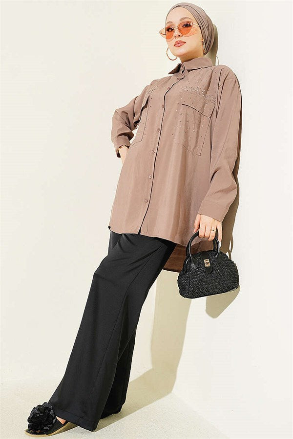 Double Pocket Embellished Tencel Shirt in Mink