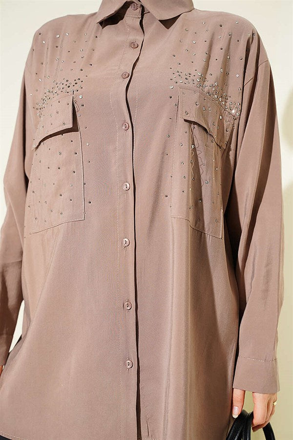 Double Pocket Embellished Tencel Shirt in Mink