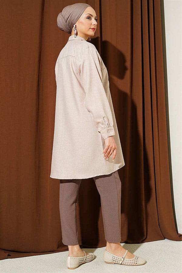 Double Pocket Shirt with Chain Necklace, Beige