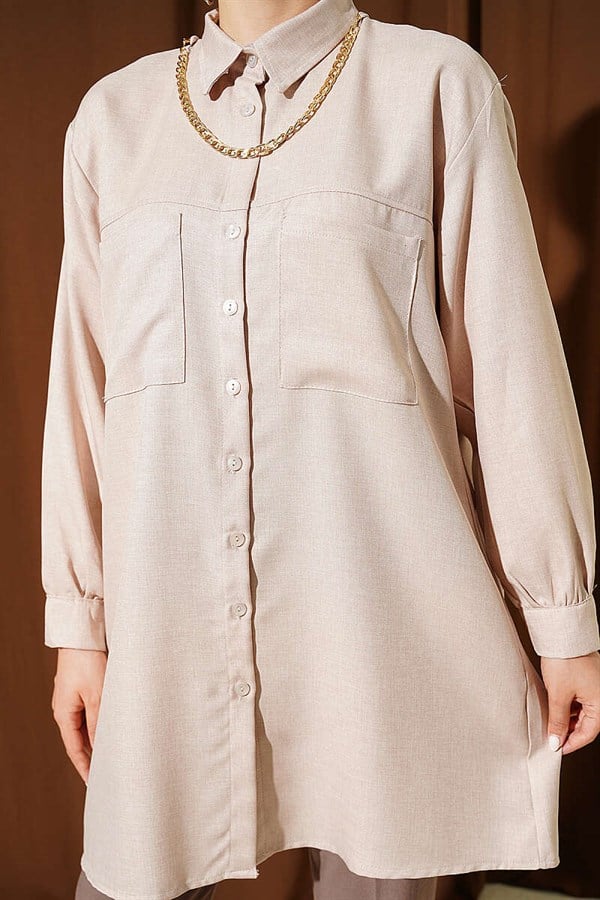 Double Pocket Shirt with Chain Necklace, Beige