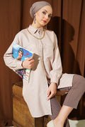 Double Pocket Shirt with Chain Necklace, Beige