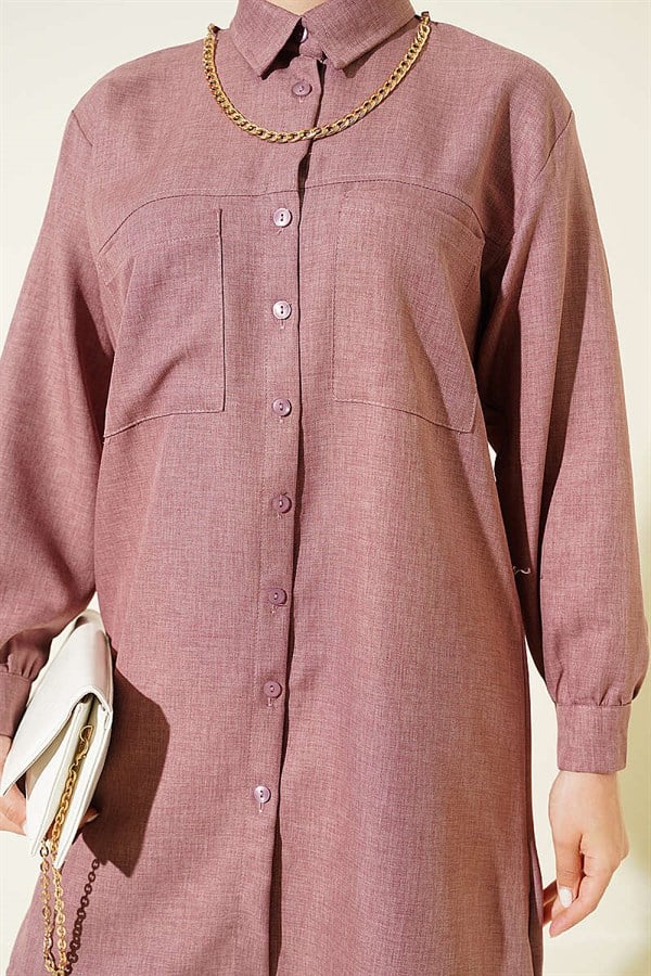 Double Pocket Shirt with Chain Necklace, Rose Pink