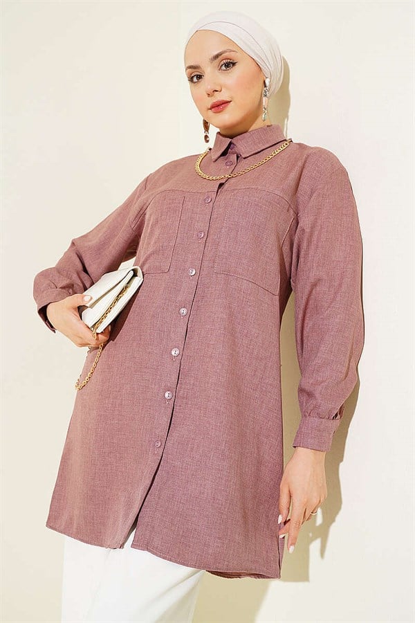 Double Pocket Shirt with Chain Necklace, Rose Pink