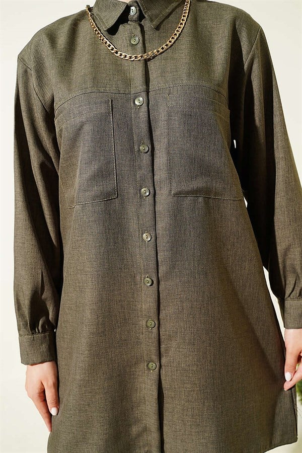 Double Pocket Shirt with Chain Necklace, Khaki