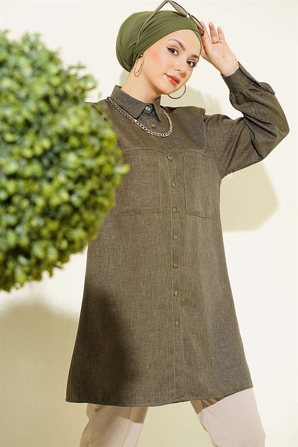 Double Pocket Shirt with Chain Necklace, Khaki