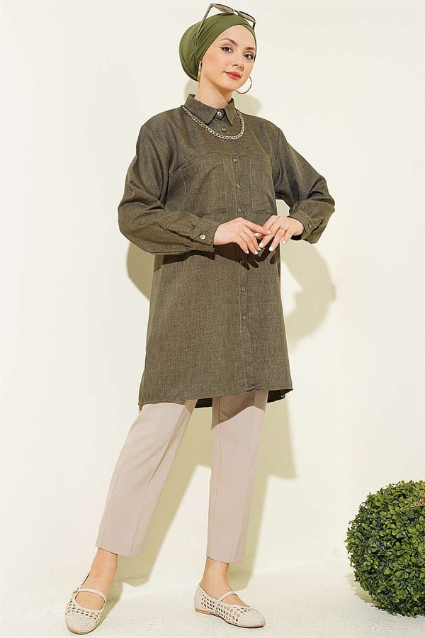 Double Pocket Shirt with Chain Necklace, Khaki