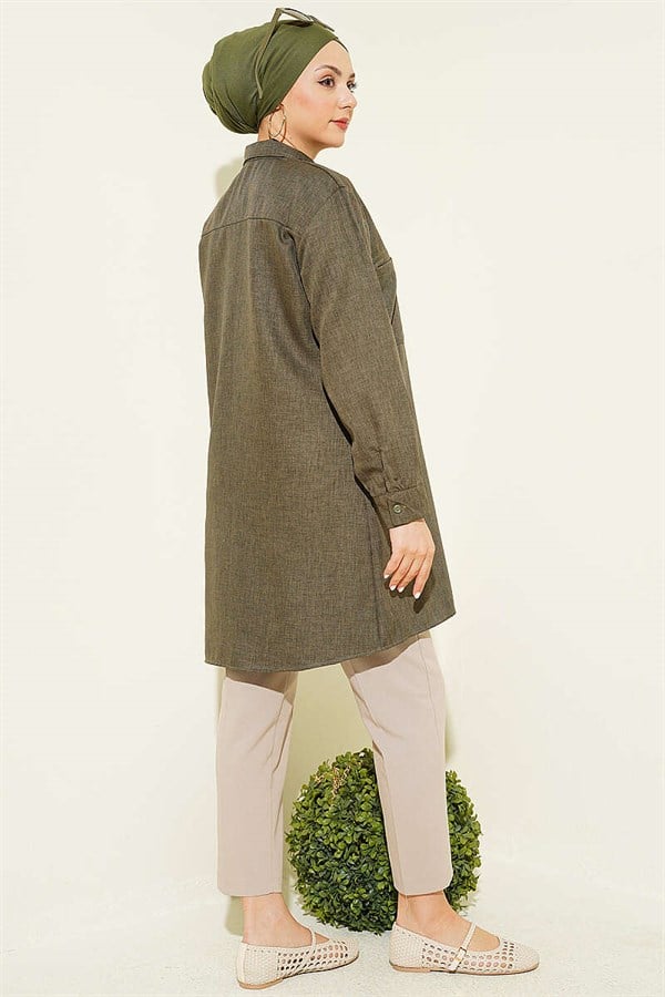 Double Pocket Shirt with Chain Necklace, Khaki