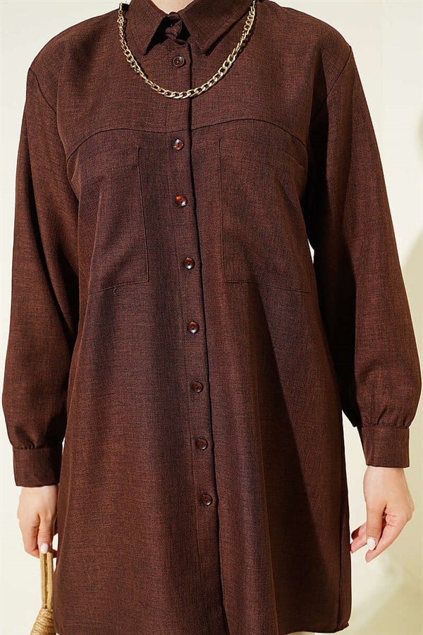 Double Pocket Shirt with Chain Necklace, Brown
