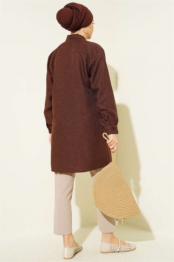 Double Pocket Shirt with Chain Necklace, Brown