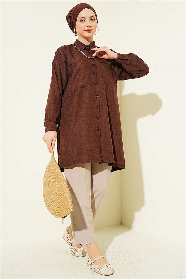 Double Pocket Shirt with Chain Necklace, Brown