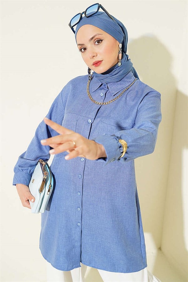 Double Pocket Shirt with Chain Necklace, Blue