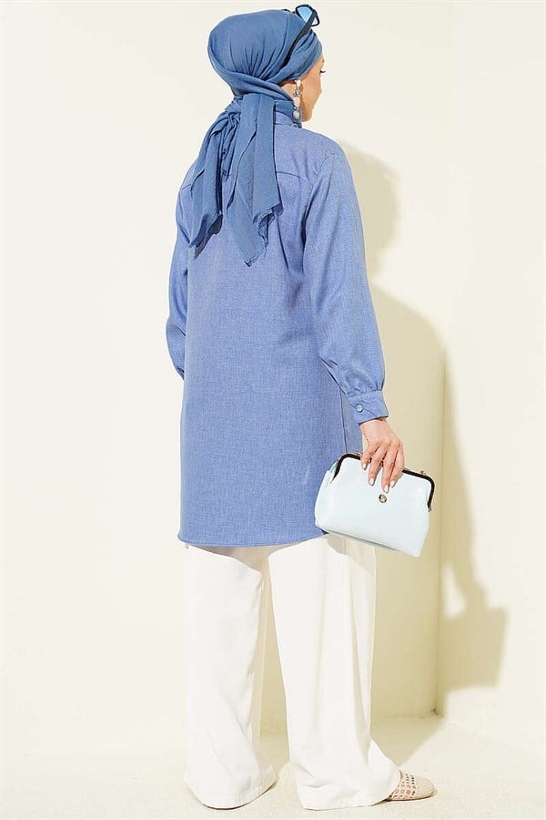 Double Pocket Shirt with Chain Necklace, Blue