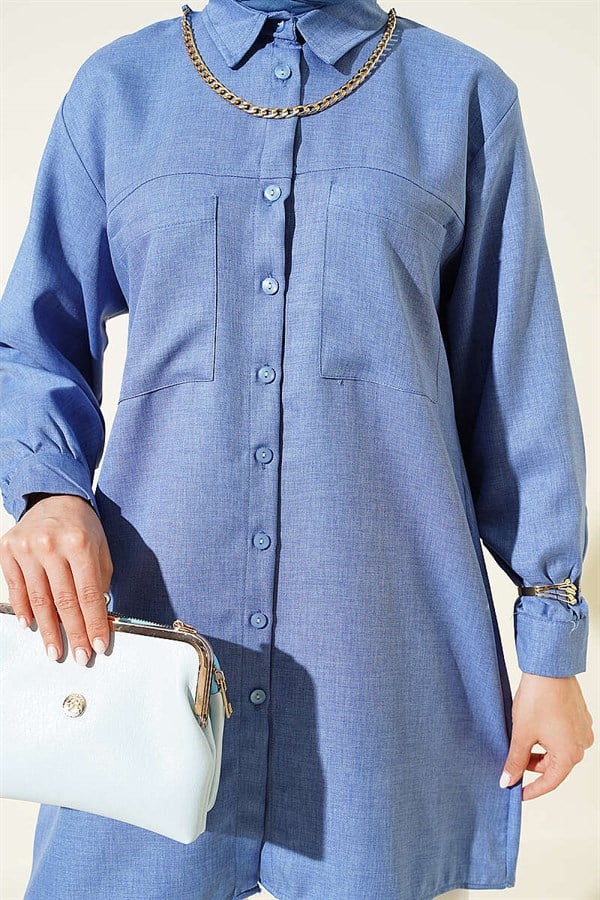Double Pocket Shirt with Chain Necklace, Blue