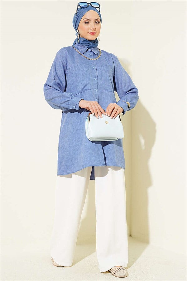 Double Pocket Shirt with Chain Necklace, Blue