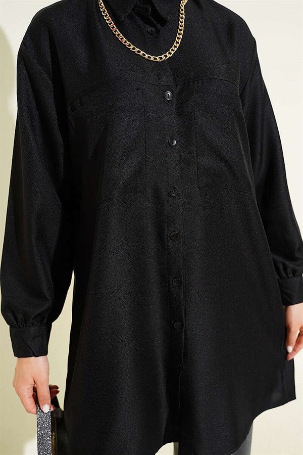 Double Pocket Shirt with Chain Necklace, Black