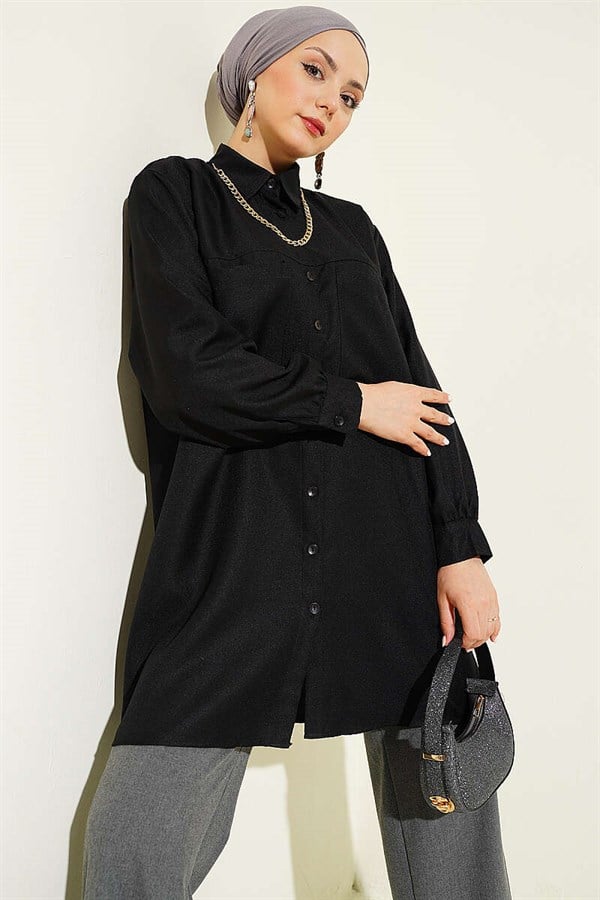 Double Pocket Shirt with Chain Necklace, Black