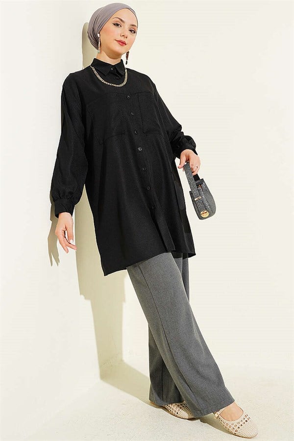 Double Pocket Shirt with Chain Necklace, Black
