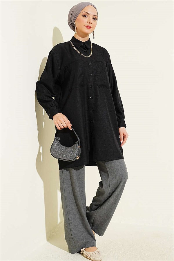 Double Pocket Shirt with Chain Necklace, Black