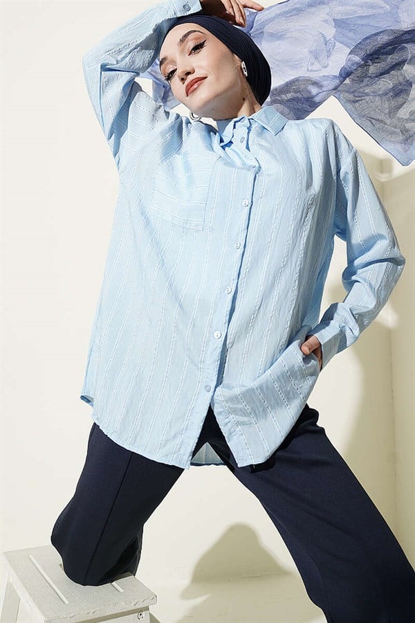 Hella Double Striped Loose-Fitting Shirt, Baby Blue