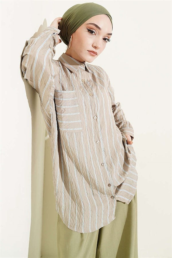 Hella Double Striped Loose-Fitting Shirt, Beige