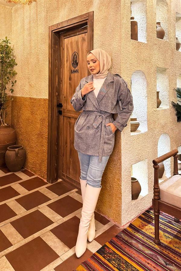 Double Buttoned Lined Short Trench Coat Indigo