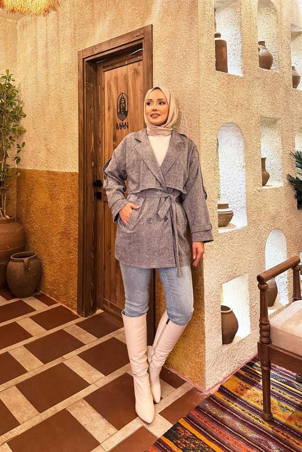 Double Buttoned Lined Short Trench Coat Indigo
