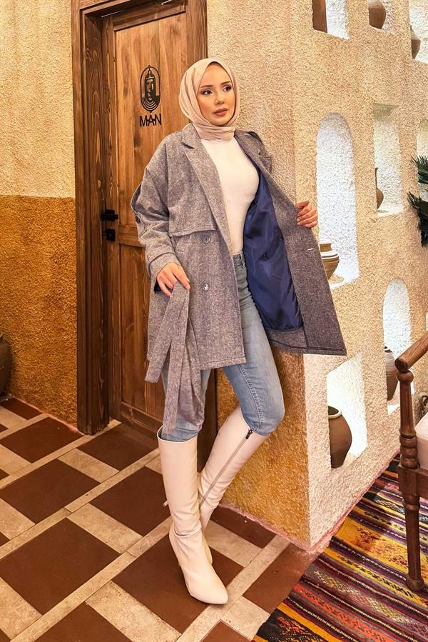 Double Buttoned Lined Short Trench Coat Indigo