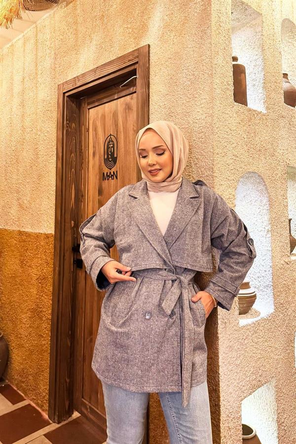 Double Buttoned Lined Short Trench Coat Indigo