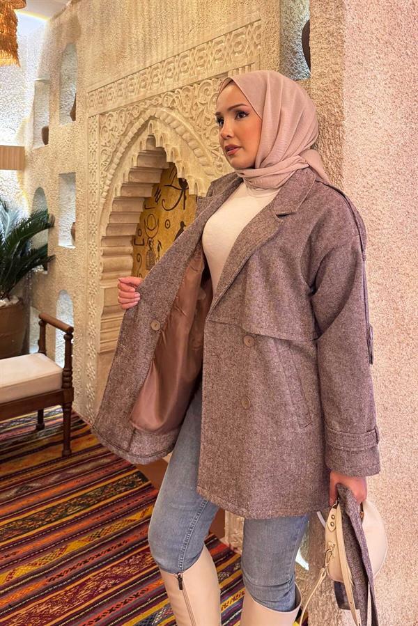 Double-Buttoned Lined Short Trench Coat Brown