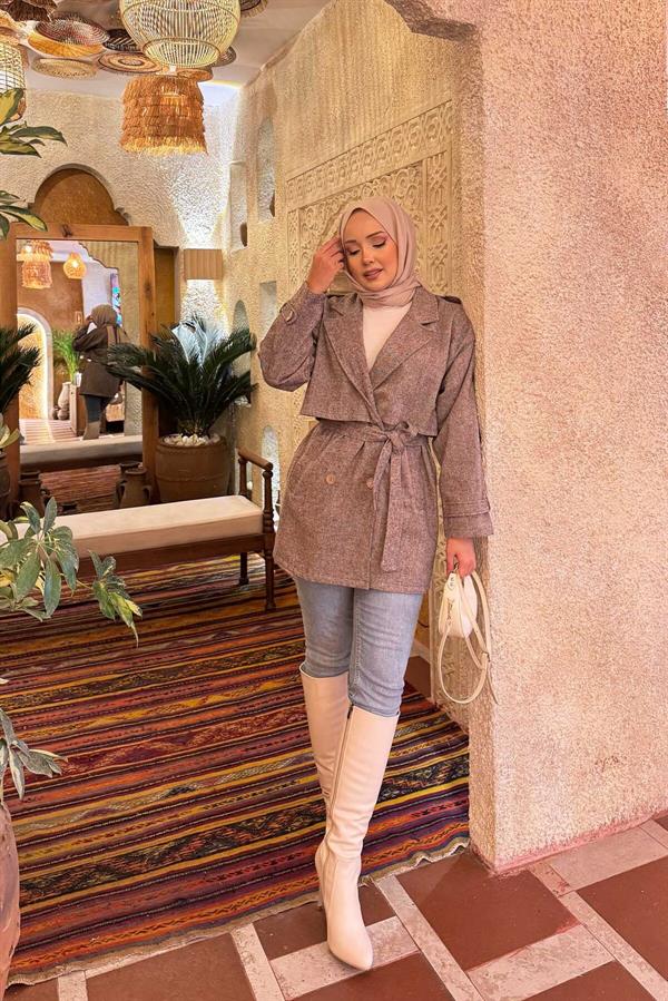 Double-Buttoned Lined Short Trench Coat Brown
