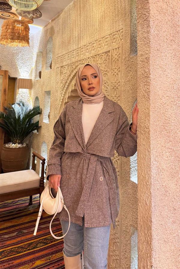 Double-Buttoned Lined Short Trench Coat Brown