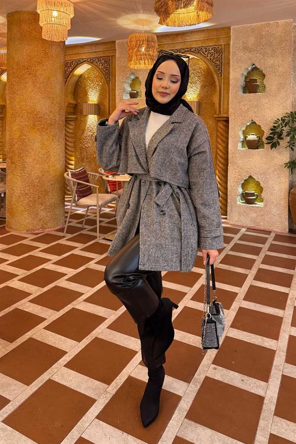 Double-Buttoned Lined Short Trench Coat Black