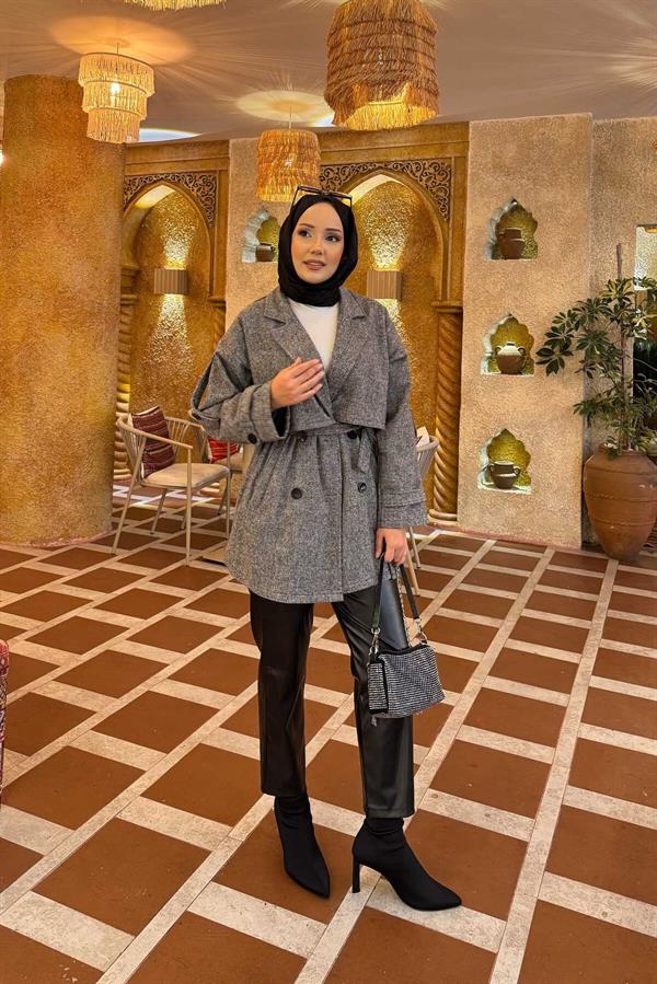 Double-Buttoned Lined Short Trench Coat Black