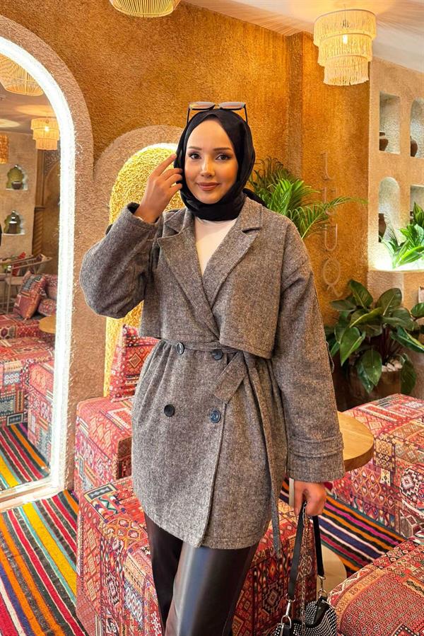 Double-Buttoned Lined Short Trench Coat Black
