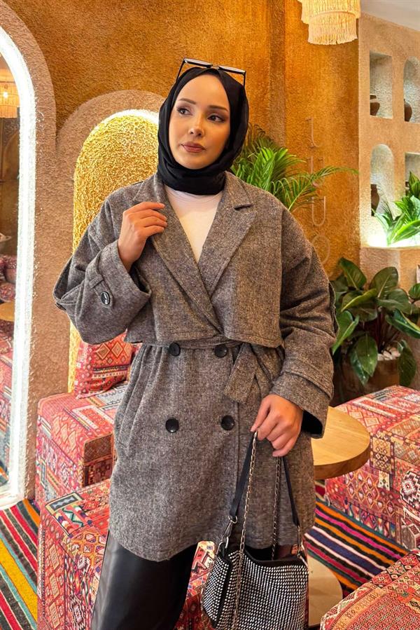 Double-Buttoned Lined Short Trench Coat Black