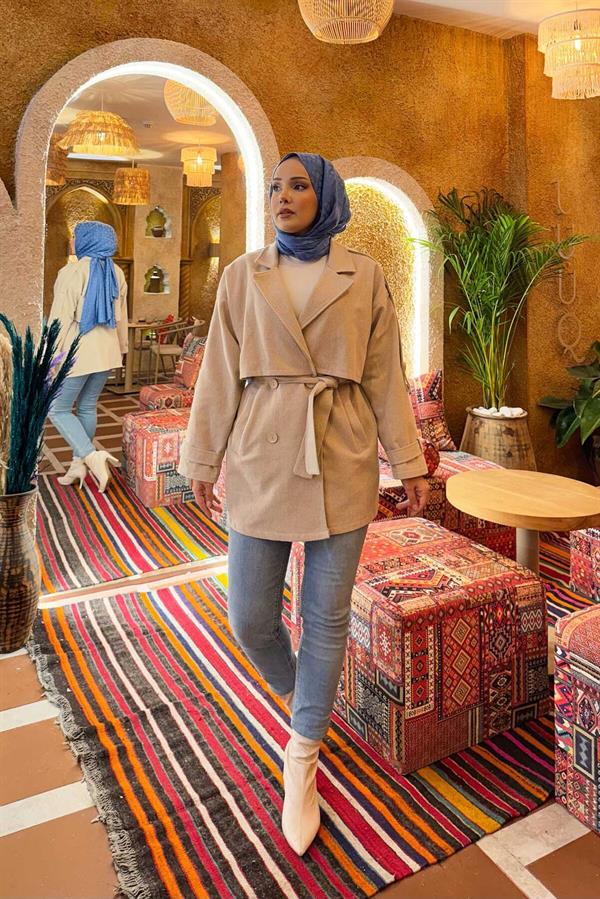 Double Buttoned Lined Short Trench Coat Stone