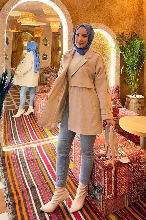 Double Buttoned Lined Short Trench Coat Stone